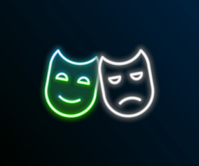 Glowing neon line Comedy and tragedy theatrical masks icon isolated on black background. Colorful outline concept. Vector