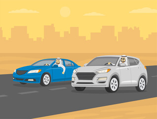 Fototapeta na wymiar Driving a car. Happy young arab drivers racing on the sandy highway. Blue sedan and white suv car. Characters looking from the open front window. Flat vector illustration template.