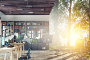 Natural living room interior without one wall