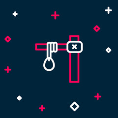 Line Gallows rope loop hanging icon isolated on blue background. Rope tied into noose. Suicide, hanging or lynching. Colorful outline concept. Vector