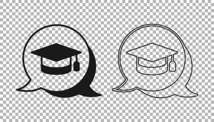 Black Graduation cap in speech bubble icon isolated on transparent background. Graduation hat with tassel icon. Vector