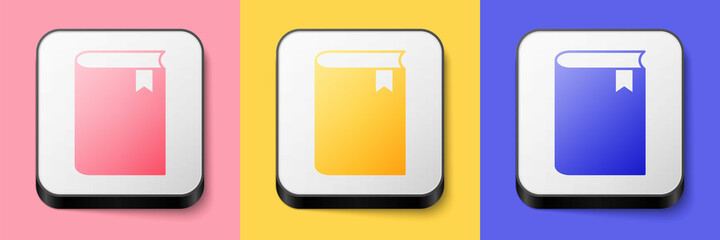 Isometric Book icon isolated on pink, yellow and blue background. Square button. Vector