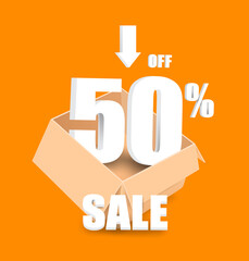 50% off text 3d in a parcel box and all object floating in the air for advertising promotion sale,vector 3d isolated on orange background