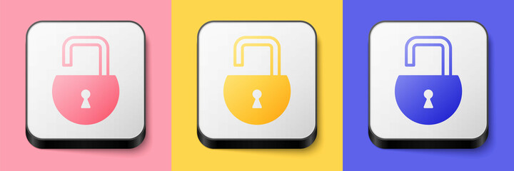 Isometric Open padlock icon isolated on pink, yellow and blue background. Opened lock sign. Cyber security concept. Digital data protection. Square button. Vector