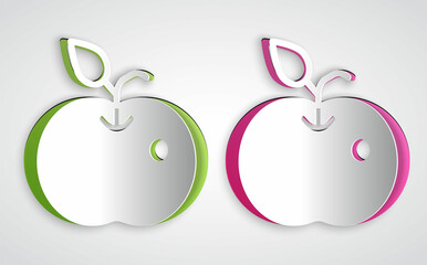 Paper cut Poison apple icon isolated on grey background. Poisoned witch apple. Paper art style. Vector