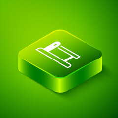 Isometric Railway barrier icon isolated on green background. Green square button. Vector