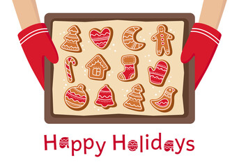 Hands holding oven-tray with gingerbread cookies. Happy Holidays card with Christmas bakery - gingerbread men, tree, bell, mitten, bird, heart. Festive baking for winter holidays. Vector illustration.