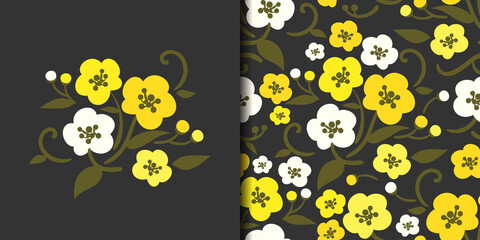 Cute yellow flowers branches with leaves and buds in flat style and seamless pattern on black background.