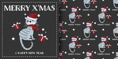 Christmas holiday season banner with Merry Christmas text and seamless pattern of cute cat wear Santa hat and red scarf with gift boxes and stars on black background. Vector illustration.