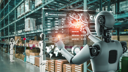 Innovative industry robot working in warehouse for human labor replacement . Concept of artificial intelligence for industrial revolution and automation manufacturing process .