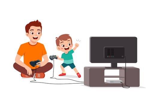 cute little boy play video game on big screen