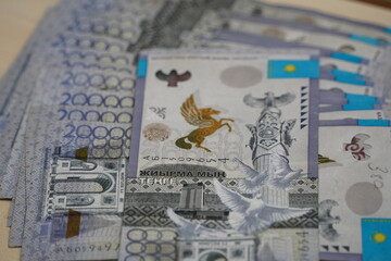Almaty, Kazakhstan - 10.06.2021 : Banknotes of Kazakhstani tenge with a face value of 20,000