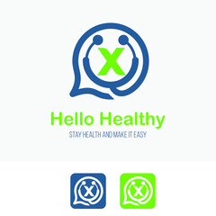 Initial x Letter with stethoscope and bubble speech for health care consultant service business logo design template. Hospital Clinic Call Center Icon Symbol design template.