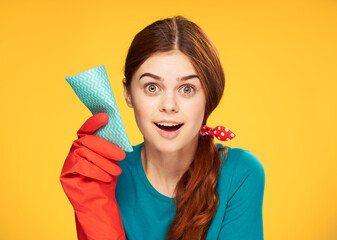 emotional cleaning lady rubber gloves house cleaning yellow background