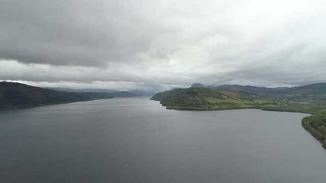Loch Aerial Loch Ness cold gray waters, Scotland, United Kingdom, UK Mist, Rain, Storm
