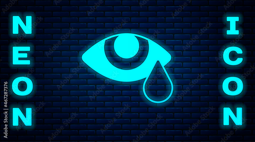 Sticker glowing neon tear cry eye icon isolated on brick wall background. vector