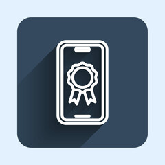 White line Online education with diploma icon isolated with long shadow background. Diploma online at home. Webinar and video seminar learning. Blue square button. Vector