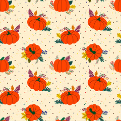 Minimalist style yellow and orange pumpkins with leaves amidst colorful dots forming seamless pattern 