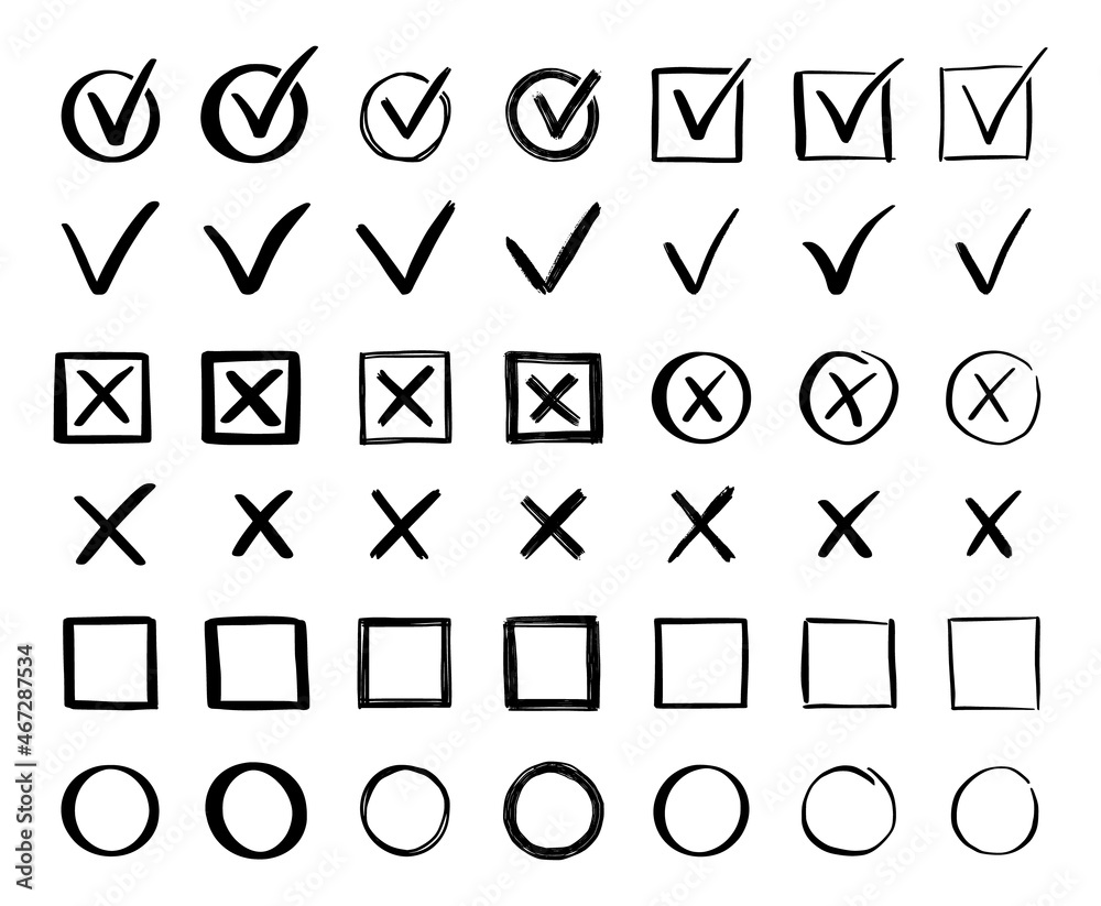 Aufkleber Check and cross mark set. Hand drawn doodle sketch style. Vote, yes, no drawn concept. Checkbox, cross mark with box, circle element. Vector illustration.