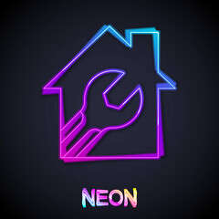 Glowing neon line House or home with wrench spanner icon isolated on black background. Adjusting, service, setting, maintenance, repair, fixing. Vector
