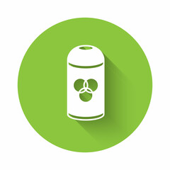 White Paint spray can icon isolated with long shadow background. Green circle button. Vector
