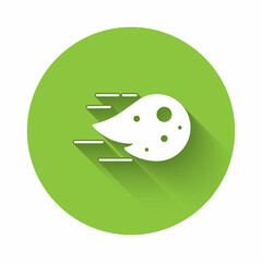 White Fireball icon isolated with long shadow background. Green circle button. Vector