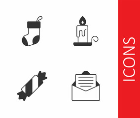 Set Envelope, Christmas stocking, Candy and Burning candle icon. Vector