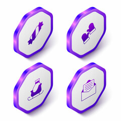 Set Isometric Candy, Christmas mittens, santa claus sleigh and Envelope icon. Purple hexagon button. Vector