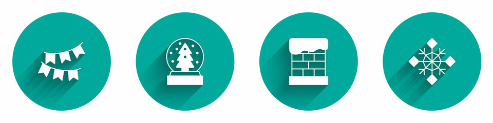 Set Carnival garland with flags, Christmas snow globe, chimney and Snowflake icon with long shadow. Vector