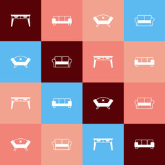 Set pop art Office desk, Sofa, and icon. Vector