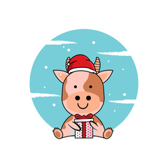 Illustration cow wearing christmas hat and hugging gifts
