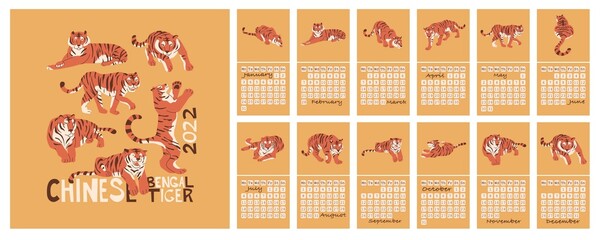 Chinese Bengal Tiger 2022 Calendar. Flat style in vector illustration. Week starts on Monday. 12 pages of months and one cover page. Chinese new year symbol. Oriental Zodiac talisman. Square format.