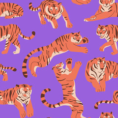 Seamless pattern with tradition oriental zodiac talisman Chinese bengal tiger. Decor for paper and textile. Vector illustration in flat style. Asian culture celebration new year. Big cats, poses.