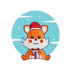 Illustration fox wearing christmas hat and hugging gifts