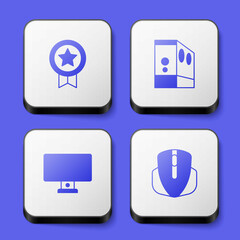 Set Game rating with medal, Case of computer, Computer monitor and mouse icon. White square button. Vector