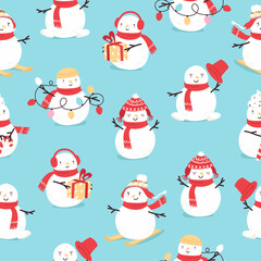 Seamless Pattern with Six snowman in different poses. Christmas and new year symbol. Traditional winter attribute. Vector illustration in flat style. Paper and textile design for children.