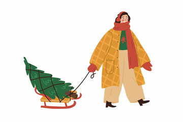 Woman carrying a Christmas tree on a sleigh. Lady dressed in winter warm clothes. Vector illustration in flat style. Holiday preparing, celebration christmas and new year. Winter traditional shopping.