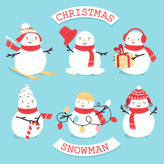 Six snowman in different poses. Christmas and new year symbol. Traditional winter atribute. Vector illustration in flat style. Winter outdoor decoration, snow art, children activity.