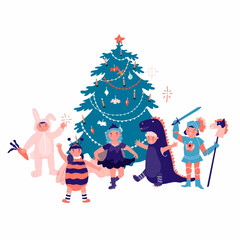 Kids around christmas tree. Kids on costume party. Flat style in vector illustration. Christmas and new year celebration. Event for children.