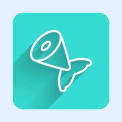 White line Fish tail icon isolated with long shadow. Green square button. Vector