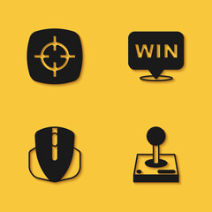 Set Target sport, Joystick for arcade machine, Computer mouse and Medal icon with long shadow. Vector