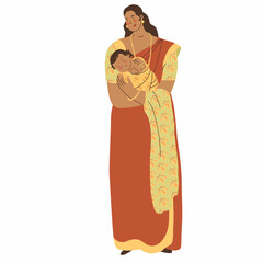 Woman in traditional Indian clothes with newburn baby in her arms. Human ages. Flat style in vector illustration. Isolated. Motherhood in oriental country. Sari, traditional wear. Generations.