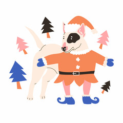 Butterier Dog in festive elf costume. Celebrating Holiday and Newyear. Vector illustration in flat style. Isolated in white background. Christmas tree, doggy, masquerade.