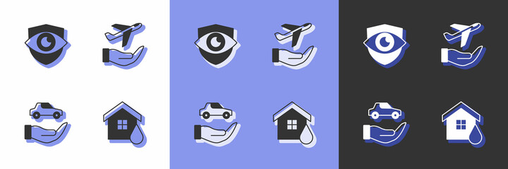 Set House flood, Shield and eye, Car insurance and Plane hand icon. Vector