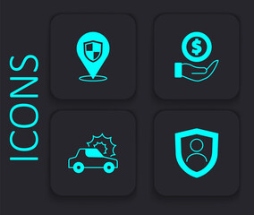 Set Life insurance with shield, Location, Money and Car icon. Black square button. Vector