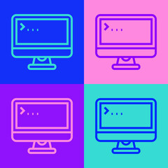 Pop art line Computer monitor screen icon isolated on color background. Electronic device. Front view. Vector