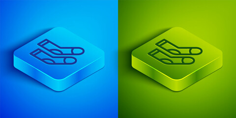 Isometric line Socks icon isolated on blue and green background. Square button. Vector