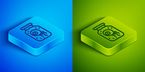 Isometric line Eye in a jar icon isolated on blue and green background. Happy Halloween party. Square button. Vector