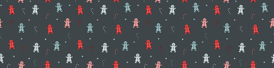 Christmas wallpaper with cookies and candies. Xmas seamless pattern. Panoramic header. Vector.