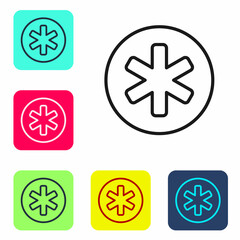 Black line Medical symbol of the Emergency - Star of Life icon isolated on white background. Set icons in color square buttons. Vector